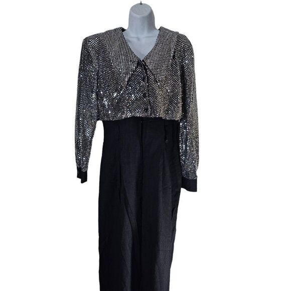 Vintage 80s Jumpsuit Womens Size Medium Black Silver Sequins Faux Tuxedo Rayon - Picture 2 of 8